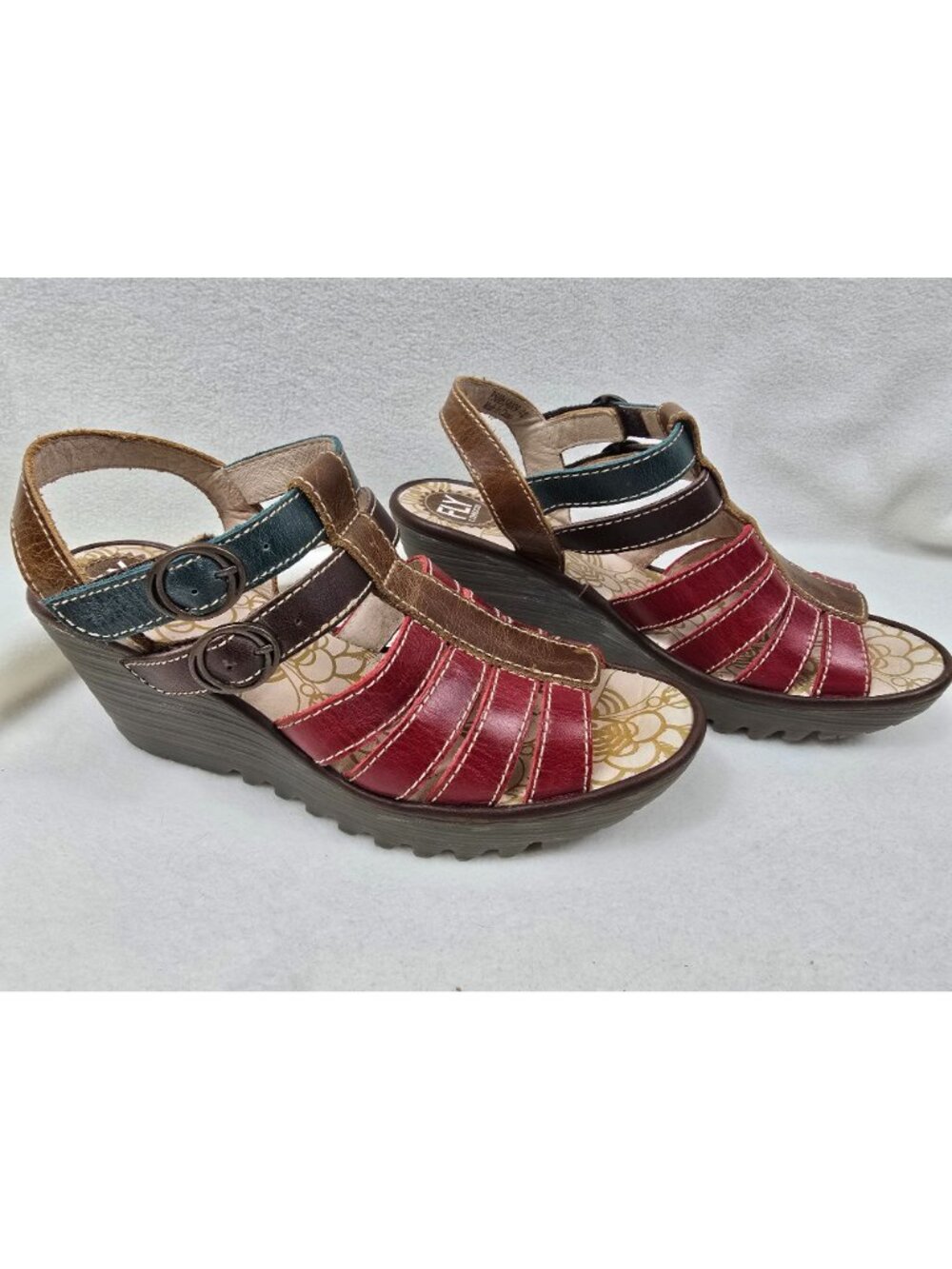 Fly London Womens Size 40 8.5 Multicolor Leather Wedge Sandals - Picture 2 of 7